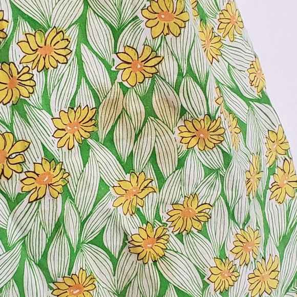 Vintage Apron Handmade Pullover Tie Waist Lime Green Yellow Daisy Print Pocket - Picture 4 of 11
